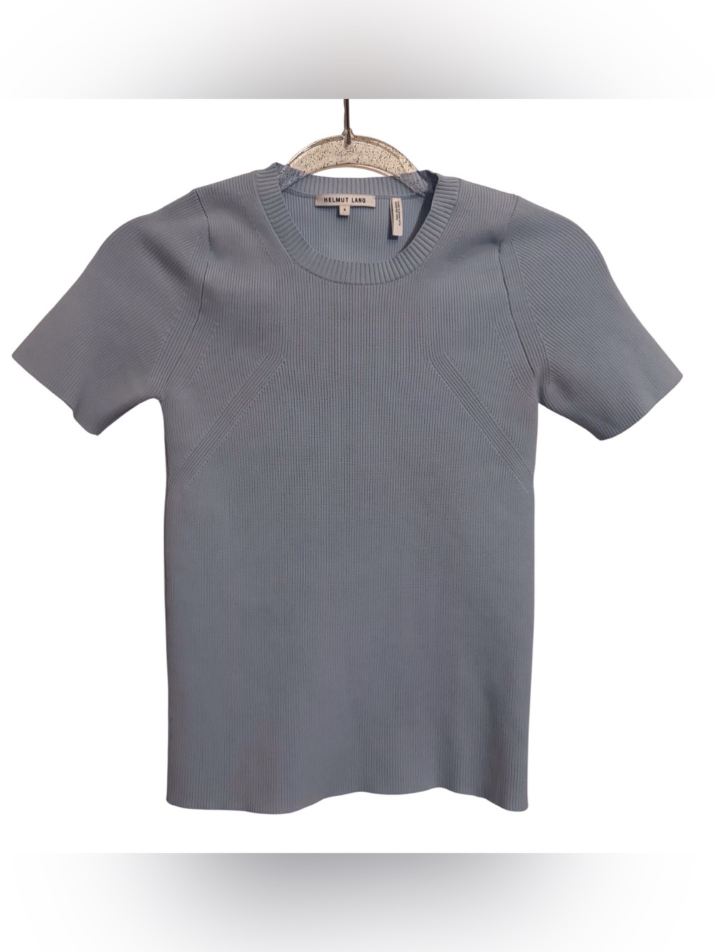 Helmut Lang Size Small Baby Blue Ribbed Short Sleeve Top Blouse Stretch Casual